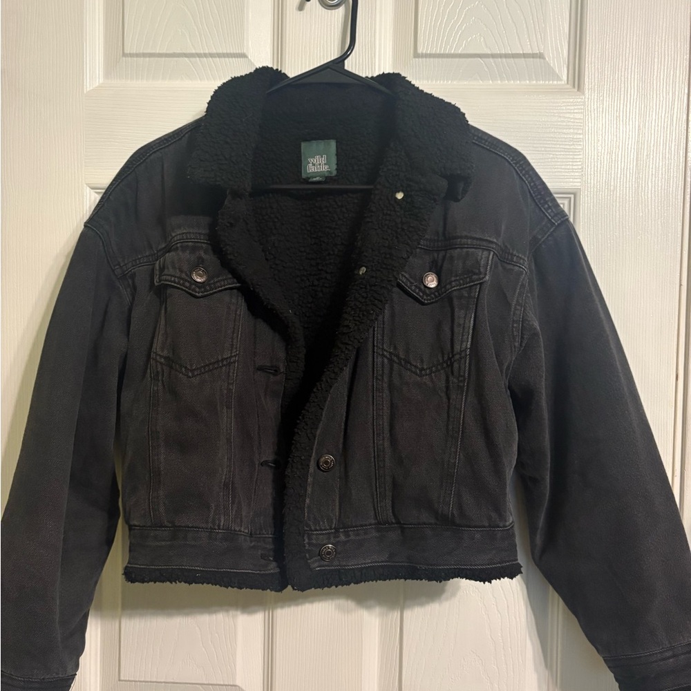Wild Fable Black Denim Sherpa Jacket Cropped